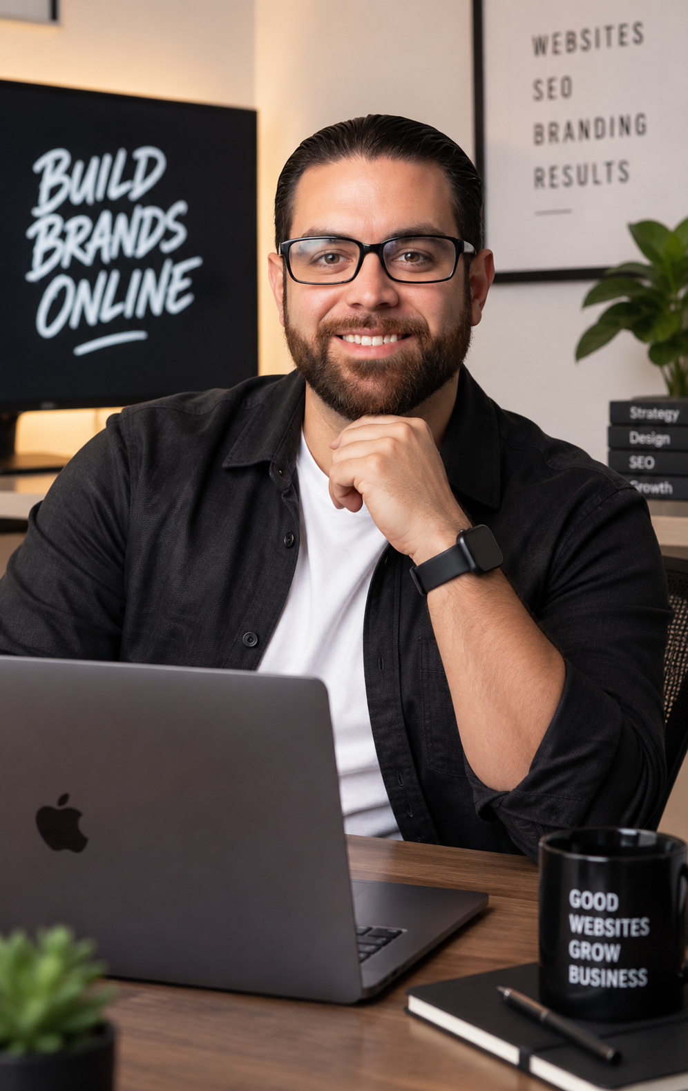 Adrian, founder of Adrian Web Co., seated at his desk in front of a laptop