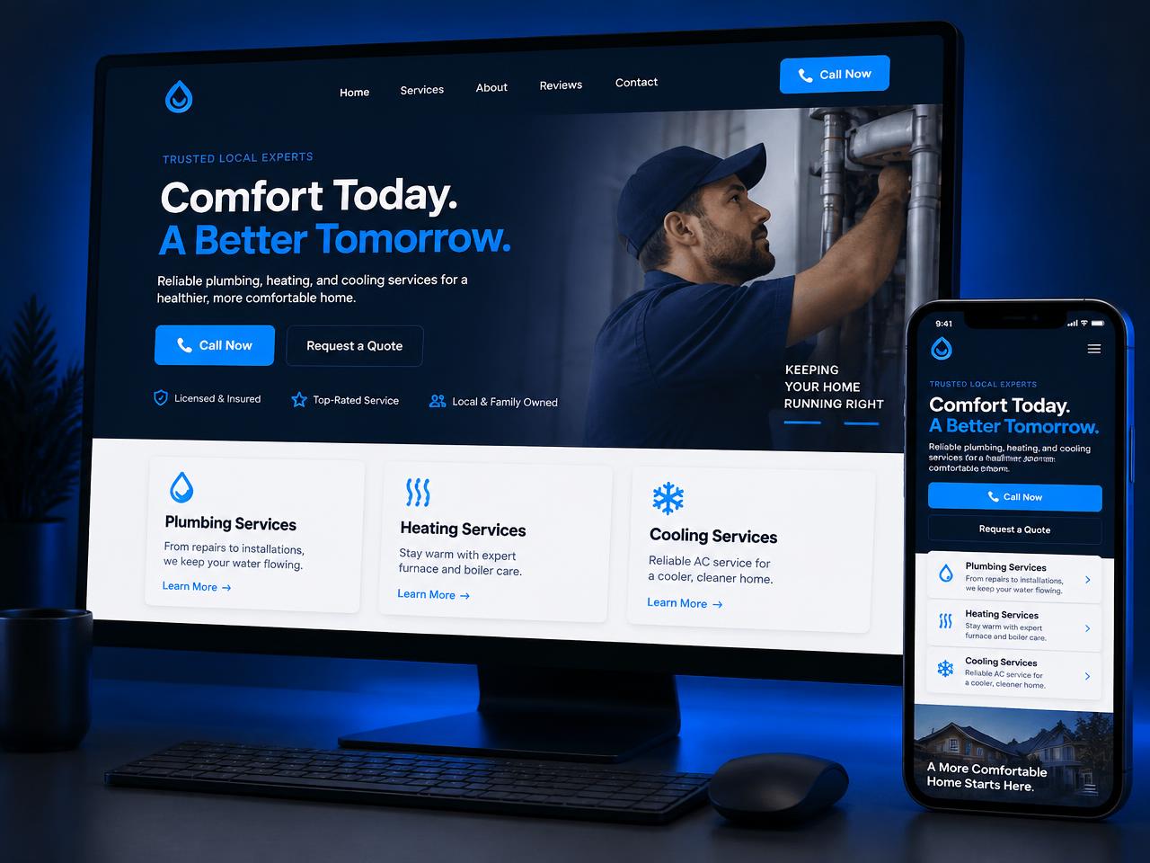 Sample concept: modern website for a local home-services business shown on desktop and mobile
