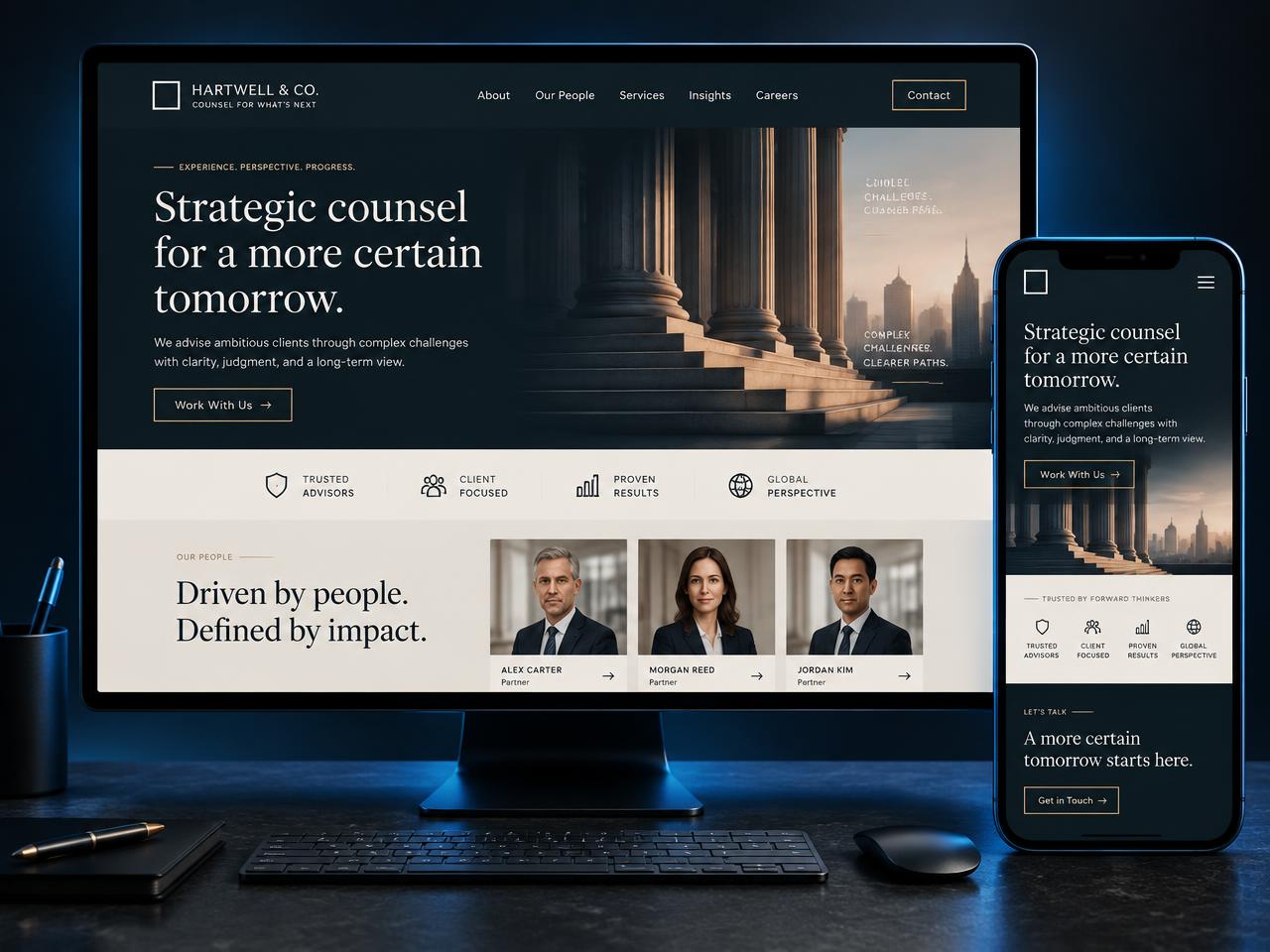 Sample concept: elegant website for a professional services firm shown on desktop and mobile
